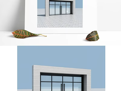 Modern Building Entrance With Glass Doors And Brick Wall Design 3d model