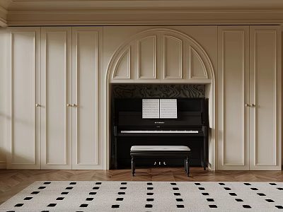 Room Featuring Musical Instruments Art Supplies Black Piano Sheet Music White Cabinets And Arched Niche 3d model