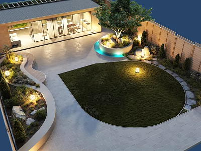 Modern Garden Landscape Design With Circular Lawn Lighting Tree And Paved Pathway 3d model
