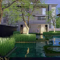 Modern Garden Landscape With Trees Lawn Stone Pathway And Seating Area