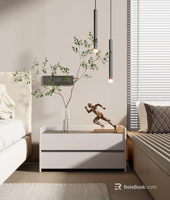 Modern Bedroom Chandelier With Plant Sculpture On White Bedside Table And Window Blinds 3d model 