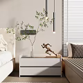 Modern Bedroom Chandelier With Plant Sculpture On White Bedside Table And Window Blinds