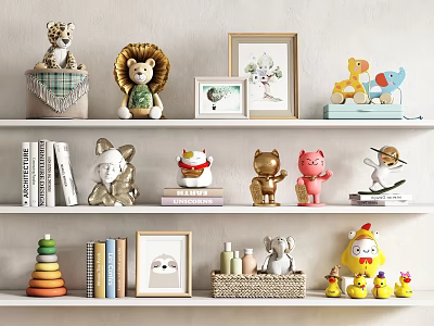 Cute Animal Figurines Photo Frames And Diverse Decorative Items Ornament Decoration Set On Shelves 3d model