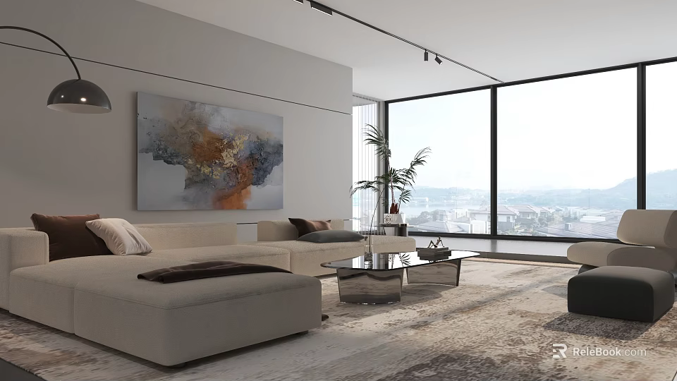 Modern Bright Living Room Interior Design With Panoramic Window And Cozy Sectional Sofa 3d model 