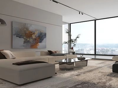 Modern Bright Living Room Interior Design With Panoramic Window And Cozy Sectional Sofa 3d model