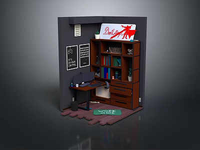 Tiny Indoor Miniature Scene With Bookshelf Desk Blackboards Potted Plant And Sign Mat 3d model