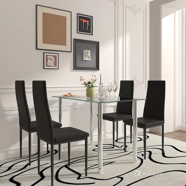 Modern Dining Table Set with Glass Top Metal Frame and Black Chairs 3d model