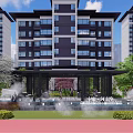 Garden Landscape with High Rise Buildings Blooming Trees Deer Sculpture Stream Fountain and Stepping Stones