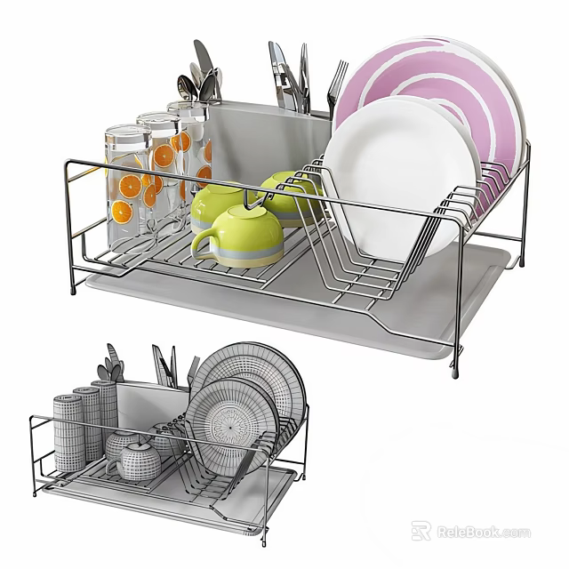 Stainless Steel Dish Drying Rack With Plates Cups Knives And Utensils 3d model 