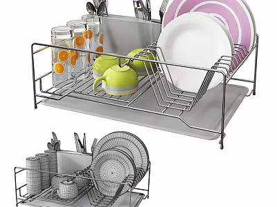 Stainless Steel Dish Drying Rack With Plates Cups Knives And Utensils 3d model