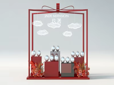 Jade Mansion Real Estate Display With Red Frame Cloud Decorations Silver Spheres And Flowers 3d model
