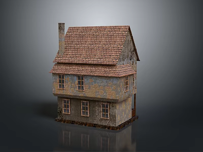 Vintage House With Red Brown Tiled Roof Chimney Stone Walls And Wooden Windows 3d model