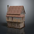 Vintage House With Red Brown Tiled Roof Chimney Stone Walls And Wooden Windows
