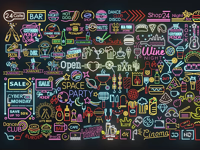 Neon Signs Collection Featuring Bar Dance Disco 24 Hours Open Sale Wine Cocktails And Cafe 3d model