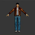 Human Character in Brown Jacket Blue Jeans White Sneakers Arms Outstretched Dark Background