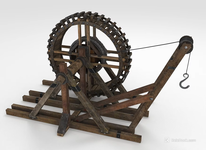 Ancient Wooden Winch Device With Large Wheel Frame And Metal Hook 3d model 