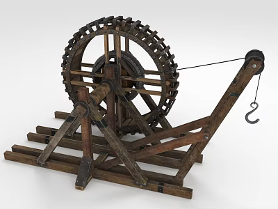Ancient Wooden Winch Device With Large Wheel Frame And Metal Hook 3d model