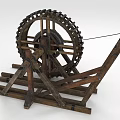 Ancient Wooden Winch Device With Large Wheel Frame And Metal Hook