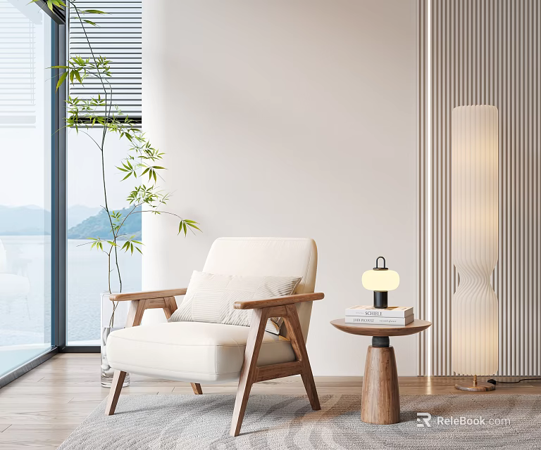 Modern Single Sofa With Side Table Floor Lamp Green Plant And Mountain View 3d model 