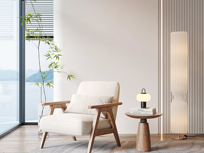 Modern Single Sofa With Side Table Floor Lamp Green Plant And Mountain View 3d model
