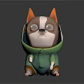 Sad Looking 3D Model Dog Wearing Green Hoodie Sitting On Reflective Black Surface