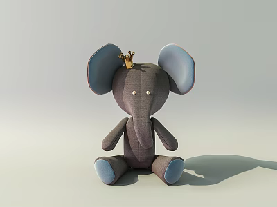 Cute Gray Elephant Stuffed Doll With Blue Ears Blue Feet And Golden Crown 3d model