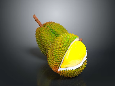 Fresh Durian Fruit One Whole and Half Cut Open Showing Yellow Flesh with Spiky Shell 3d model