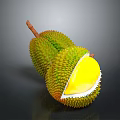 Fresh Durian Fruit One Whole and Half Cut Open Showing Yellow Flesh with Spiky Shell