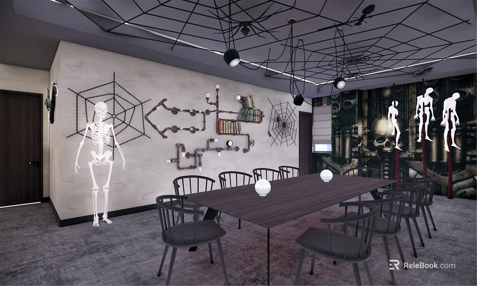 Industrial Style Restaurant Interior With Skeleton Decor Spider Web Wall Art And Dark Furniture 3d model 