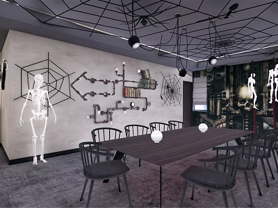 Industrial Style Restaurant Interior With Skeleton Decor Spider Web Wall Art And Dark Furniture 3d model