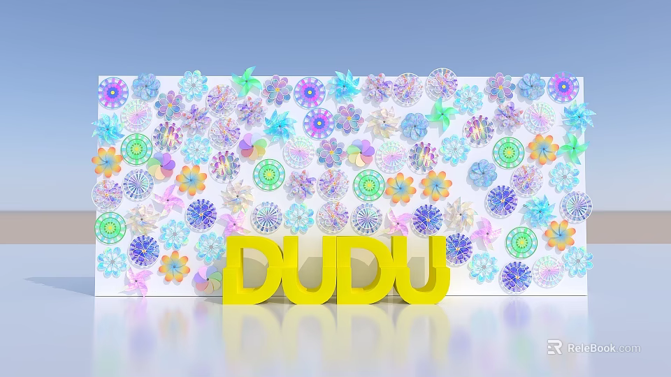 Colorful Flower Decorated Photo Check In Spot With Yellow DUDU Letters And Light Blue Background 3d model 