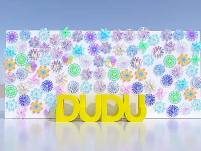 Colorful Flower Decorated Photo Check In Spot With Yellow DUDU Letters And Light Blue Background 3d model