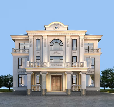 European Style Two Story Detached Villa With Arched Window Wooden Door Balconies And Decorative Carvings 3d model