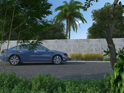 Garden Landscape Featuring Stone Wall Tall Palm Tree and Green Shrubs Around Asphalt Driveway 3d model