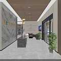 Modern White Reception Desk With Marble Wall Hanging Lights And Green Plant Decor