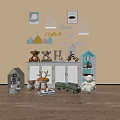 White Storage Cabinet In Kids Room With Shutter Doors Stuffed Bears And Mini House Decor