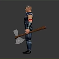 3D Muscular Male Character In Blue Armor With Red Armband Holding Weapon Standing Pose