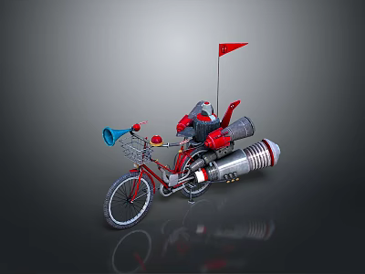 Red Bicycle With Front Basket Blue Horn Red Flag And Rear Rocket Like Device 3d model