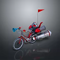 Red Bicycle With Front Basket Blue Horn Red Flag And Rear Rocket Like Device