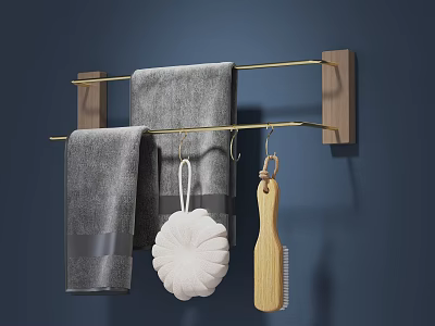 Wooden Frame Bathroom Rack With Golden Metal Bars Gray Towels White Soap And Wooden Brush 3d model