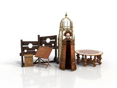 Vintage Furniture Collection Including Chair Table and Birdcage Shaped Decorative Pieces 3d model