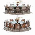 Round Dining Table Set with Brown Upholstered Chairs and Glass Tabletop Featuring Flower Vase
