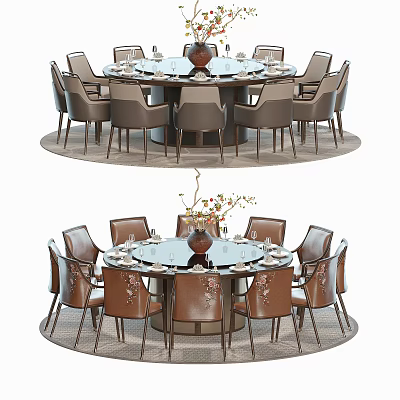 Round Dining Table Set with Brown Upholstered Chairs and Glass Tabletop Featuring Flower Vase 3d model
