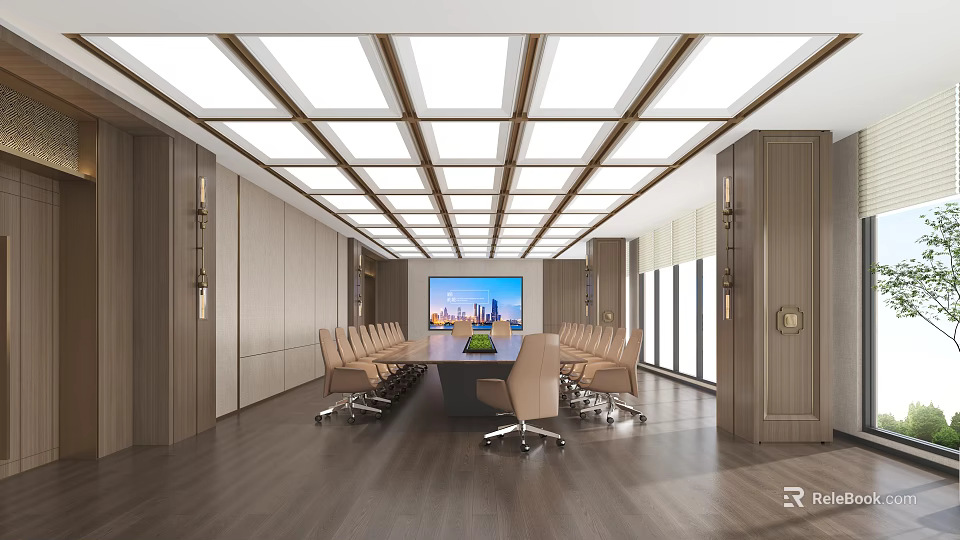 Modern Conference Room Interior With Large Conference Table Comfortable Chairs And Flat Screen TV 3d model 