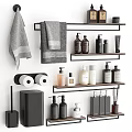 Modern Bathroom Accessories Organized on Shelves With Towels Toiletries and Dispensers