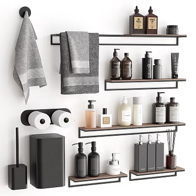 Modern Bathroom Accessories Organized on Shelves With Towels Toiletries and Dispensers 3d model