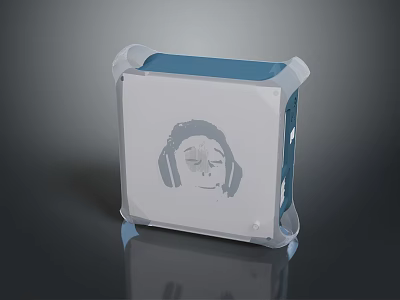 Modern Computer Case With White Frame Blue Panel And Headphone Silhouette Design 3d model