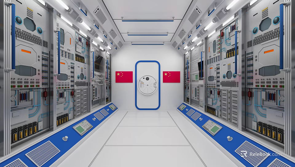 Space Control Room Interior With Chinese Flags White Door And Control Panels 3d model 