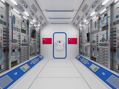 Space Control Room Interior With Chinese Flags White Door And Control Panels 3d model