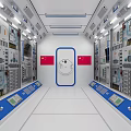 Space Control Room Interior With Chinese Flags White Door And Control Panels 3d model